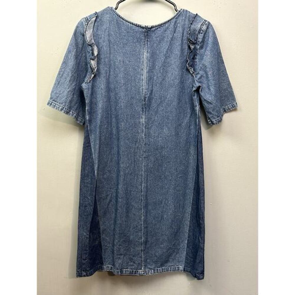 LOUP Alicia Denim Chambray Shift Dress Womens XS Short Sleeve Ruffle Two Tone - Picture 2 of 7